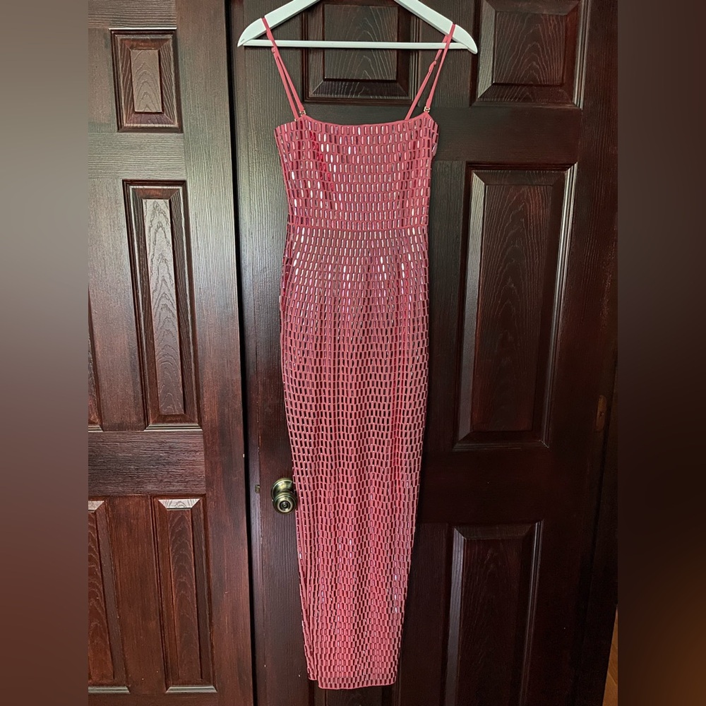 Strapless Pink Mesh Sequin Evening Gown - Picture 7 of 13